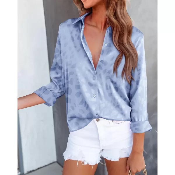 imageBTFBM Womens Satin Button Down Shirts Roll Up Long Sleeve Lapel V Neck Loose Casual Work Summer Spring Blouse Tops 2024Leopard Light Blue