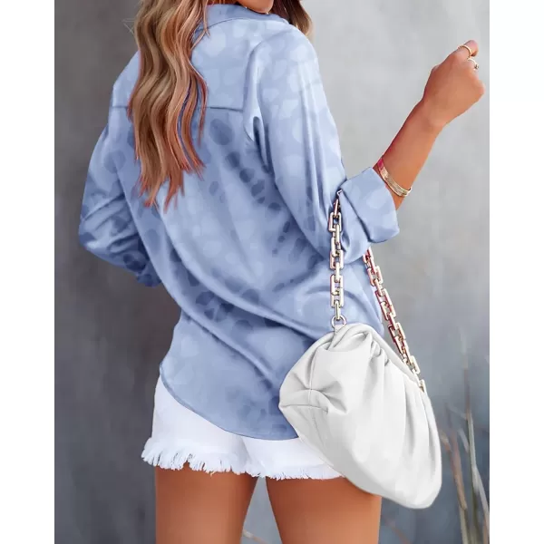 imageBTFBM Womens Satin Button Down Shirts Roll Up Long Sleeve Lapel V Neck Loose Casual Work Summer Spring Blouse Tops 2024Leopard Light Blue