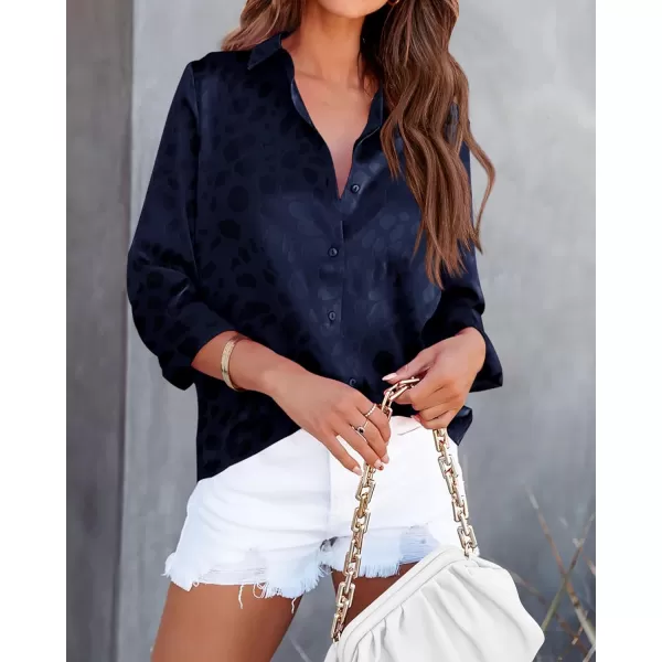 imageBTFBM Womens Satin Button Down Shirts Roll Up Long Sleeve Lapel V Neck Loose Casual Work Summer Spring Blouse Tops 2024Leopard Navy