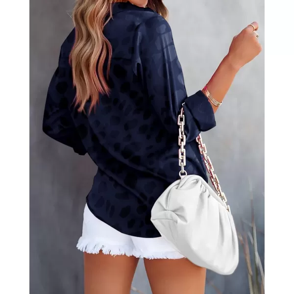 imageBTFBM Womens Satin Button Down Shirts Roll Up Long Sleeve Lapel V Neck Loose Casual Work Summer Spring Blouse Tops 2024Leopard Navy