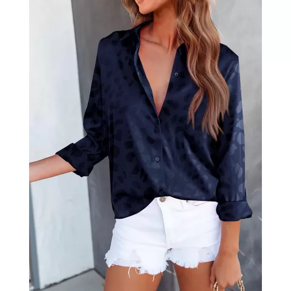 imageBTFBM Womens Satin Button Down Shirts Roll Up Long Sleeve Lapel V Neck Loose Casual Work Summer Spring Blouse Tops 2024Leopard Navy