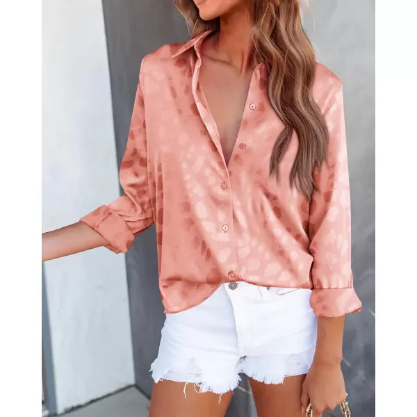 imageBTFBM Womens Satin Button Down Shirts Roll Up Long Sleeve Lapel V Neck Loose Casual Work Summer Spring Blouse Tops 2024Leopard Orange Pink