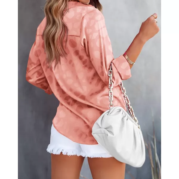 imageBTFBM Womens Satin Button Down Shirts Roll Up Long Sleeve Lapel V Neck Loose Casual Work Summer Spring Blouse Tops 2024Leopard Orange Pink
