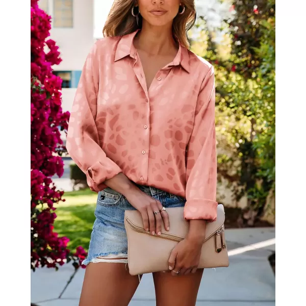 imageBTFBM Womens Satin Button Down Shirts Roll Up Long Sleeve Lapel V Neck Loose Casual Work Summer Spring Blouse Tops 2024Leopard Orange Pink