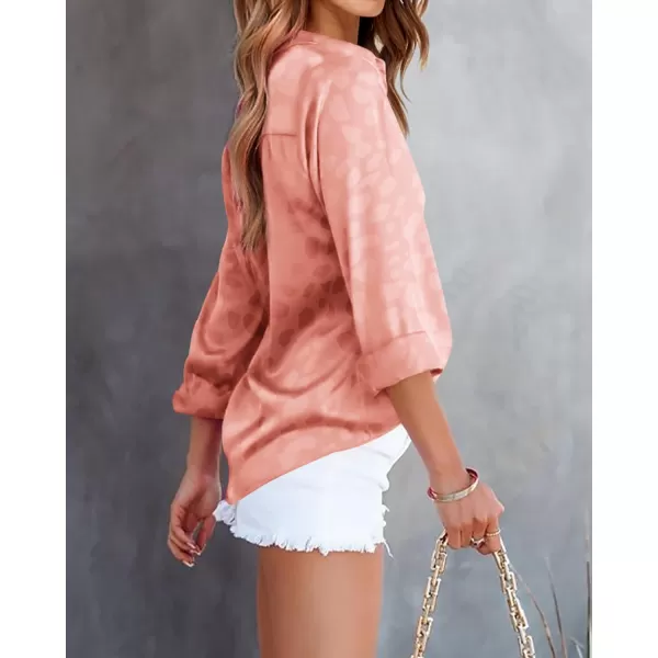 imageBTFBM Womens Satin Button Down Shirts Roll Up Long Sleeve Lapel V Neck Loose Casual Work Summer Spring Blouse Tops 2024Leopard Orange Pink