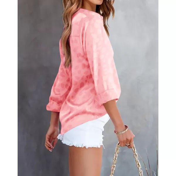imageBTFBM Womens Satin Button Down Shirts Roll Up Long Sleeve Lapel V Neck Loose Casual Work Summer Spring Blouse Tops 2024Leopard Pink
