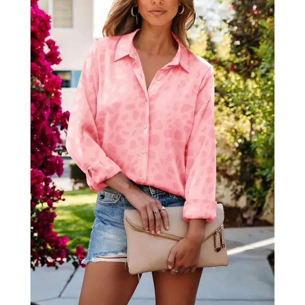 imageBTFBM Womens Satin Button Down Shirts Roll Up Long Sleeve Lapel V Neck Loose Casual Work Summer Spring Blouse Tops 2024Leopard Pink