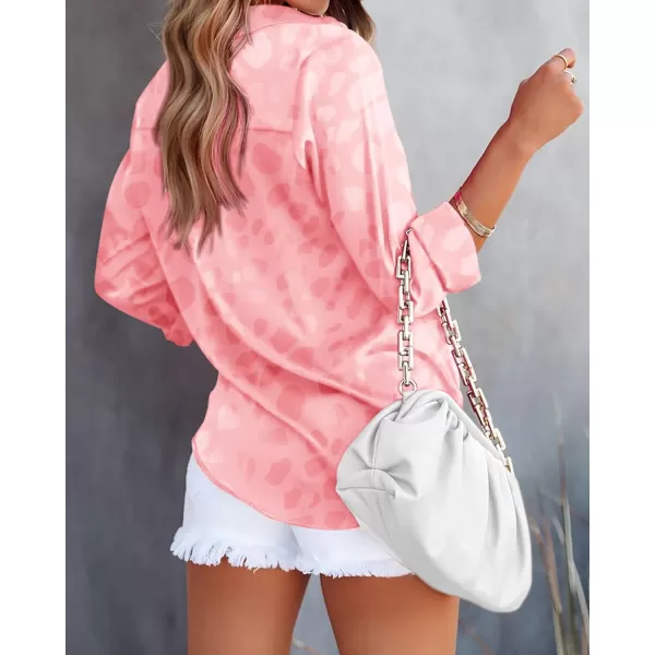 imageBTFBM Womens Satin Button Down Shirts Roll Up Long Sleeve Lapel V Neck Loose Casual Work Summer Spring Blouse Tops 2024Leopard Pink