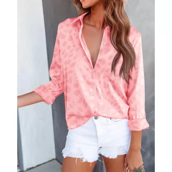 imageBTFBM Womens Satin Button Down Shirts Roll Up Long Sleeve Lapel V Neck Loose Casual Work Summer Spring Blouse Tops 2024Leopard Pink