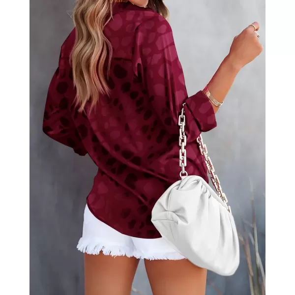 imageBTFBM Womens Satin Button Down Shirts Roll Up Long Sleeve Lapel V Neck Loose Casual Work Summer Spring Blouse Tops 2024Leopard Wine Red
