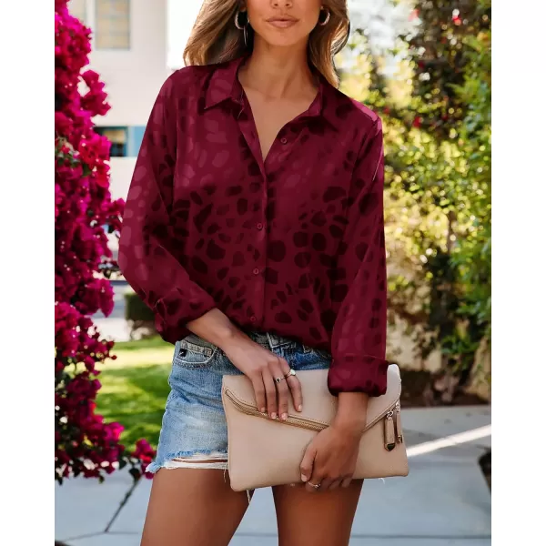 imageBTFBM Womens Satin Button Down Shirts Roll Up Long Sleeve Lapel V Neck Loose Casual Work Summer Spring Blouse Tops 2024Leopard Wine Red