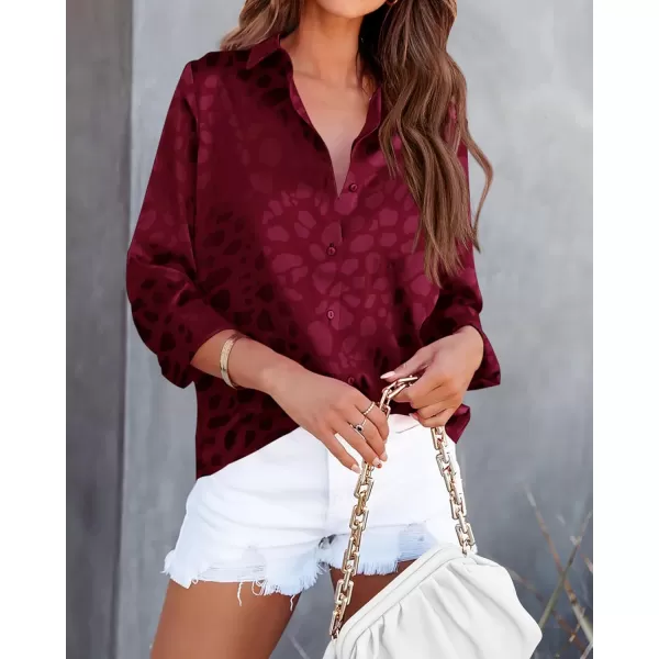 imageBTFBM Womens Satin Button Down Shirts Roll Up Long Sleeve Lapel V Neck Loose Casual Work Summer Spring Blouse Tops 2024Leopard Wine Red