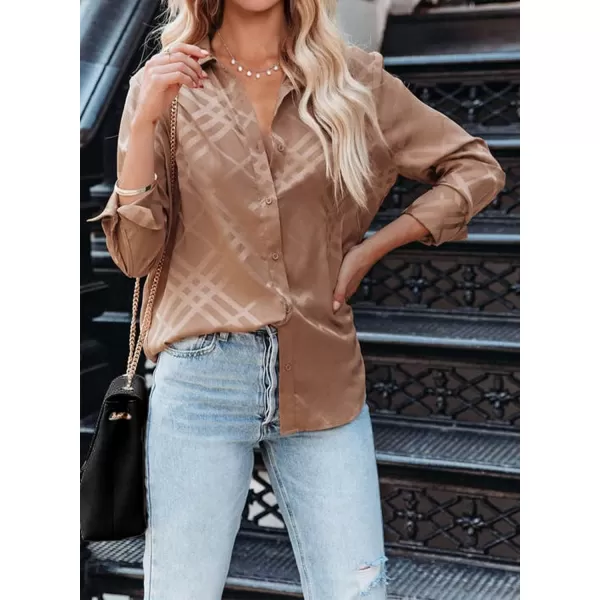 imageBTFBM Womens Satin Button Down Shirts Roll Up Long Sleeve Lapel V Neck Loose Casual Work Summer Spring Blouse Tops 2024Plaid Khaki