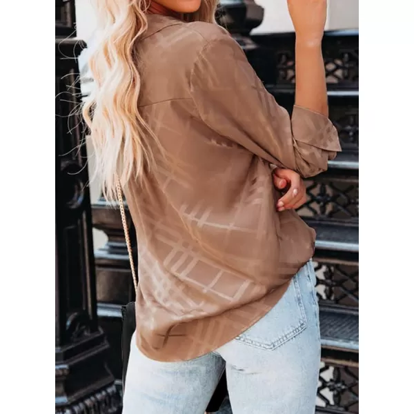 imageBTFBM Womens Satin Button Down Shirts Roll Up Long Sleeve Lapel V Neck Loose Casual Work Summer Spring Blouse Tops 2024Plaid Khaki