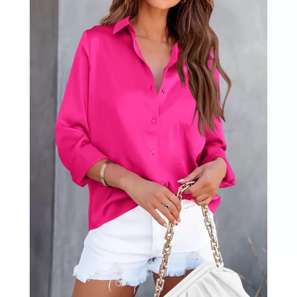 imageBTFBM Womens Satin Button Down Shirts Roll Up Long Sleeve Lapel V Neck Loose Casual Work Summer Spring Blouse Tops 2024Solid Rose Red
