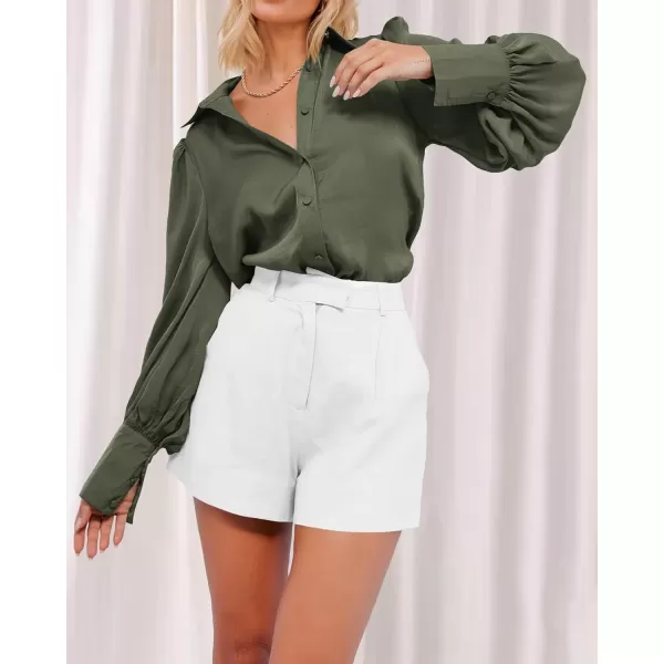 imageBTFBM Womens Satin Button Down Shirts Summer Fall Lantern Long Sleeve Lapel V Neck Blouse Loose Casual Office Work TopsSolid Army Green