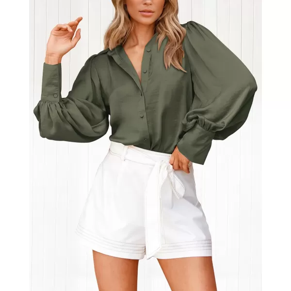 imageBTFBM Womens Satin Button Down Shirts Summer Fall Lantern Long Sleeve Lapel V Neck Blouse Loose Casual Office Work TopsSolid Army Green