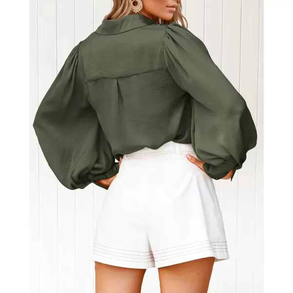 imageBTFBM Womens Satin Button Down Shirts Summer Fall Lantern Long Sleeve Lapel V Neck Blouse Loose Casual Office Work TopsSolid Army Green
