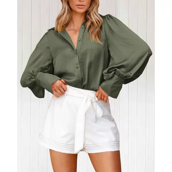 imageBTFBM Womens Satin Button Down Shirts Summer Fall Lantern Long Sleeve Lapel V Neck Blouse Loose Casual Office Work TopsSolid Army Green