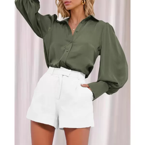 imageBTFBM Womens Satin Button Down Shirts Summer Fall Lantern Long Sleeve Lapel V Neck Blouse Loose Casual Office Work TopsSolid Army Green