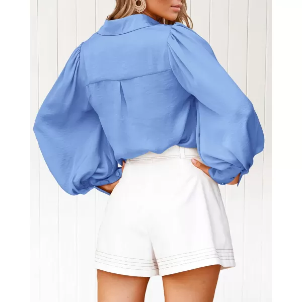 imageBTFBM Womens Satin Button Down Shirts Summer Fall Lantern Long Sleeve Lapel V Neck Blouse Loose Casual Office Work TopsSolid Blue