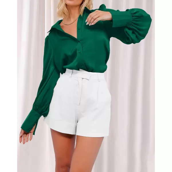 imageBTFBM Womens Satin Button Down Shirts Summer Fall Lantern Long Sleeve Lapel V Neck Blouse Loose Casual Office Work TopsSolid Green