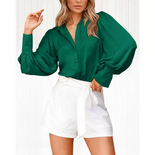 imageBTFBM Womens Satin Button Down Shirts Summer Fall Lantern Long Sleeve Lapel V Neck Blouse Loose Casual Office Work TopsSolid Green
