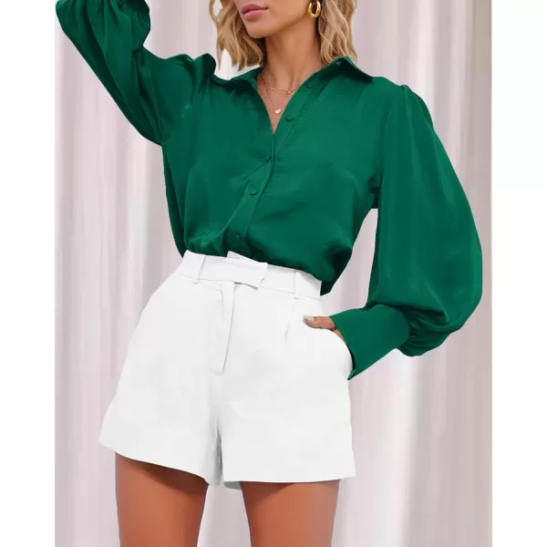imageBTFBM Womens Satin Button Down Shirts Summer Fall Lantern Long Sleeve Lapel V Neck Blouse Loose Casual Office Work TopsSolid Green