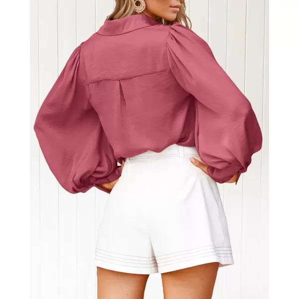 imageBTFBM Womens Satin Button Down Shirts Summer Fall Lantern Long Sleeve Lapel V Neck Blouse Loose Casual Office Work TopsSolid Pink