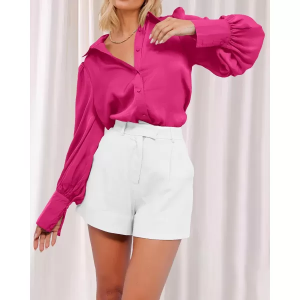 imageBTFBM Womens Satin Button Down Shirts Summer Fall Lantern Long Sleeve Lapel V Neck Blouse Loose Casual Office Work TopsSolid Rose Red