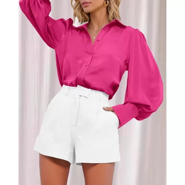 imageBTFBM Womens Satin Button Down Shirts Summer Fall Lantern Long Sleeve Lapel V Neck Blouse Loose Casual Office Work TopsSolid Rose Red