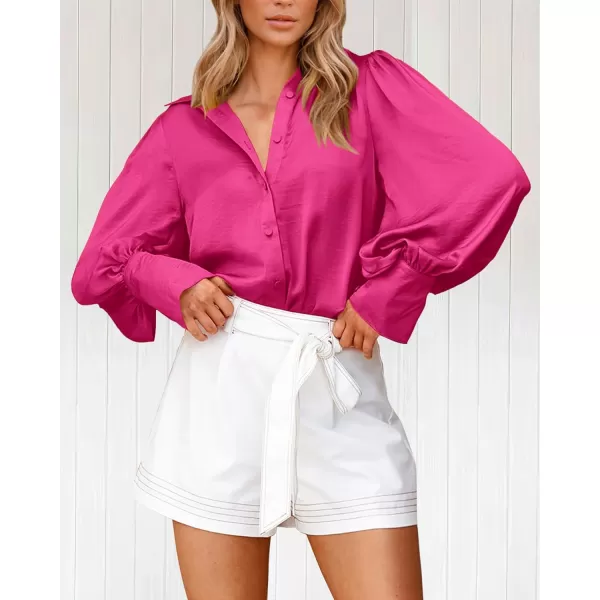 imageBTFBM Womens Satin Button Down Shirts Summer Fall Lantern Long Sleeve Lapel V Neck Blouse Loose Casual Office Work TopsSolid Rose Red