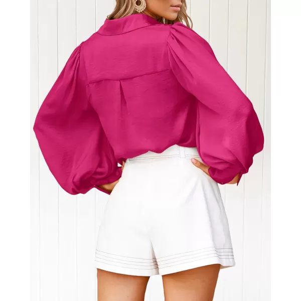 imageBTFBM Womens Satin Button Down Shirts Summer Fall Lantern Long Sleeve Lapel V Neck Blouse Loose Casual Office Work TopsSolid Rose Red
