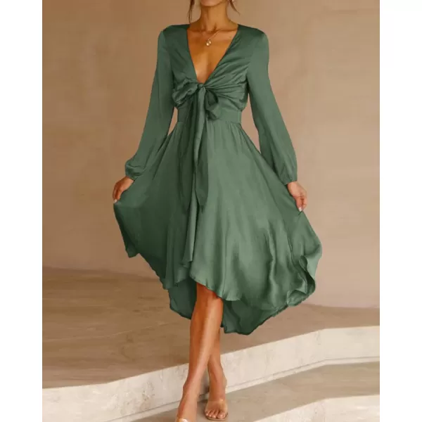 imageBTFBM Womens Satin Deep V Neck Summer Dresses Short Sleeve Tie Front High Waist Flowy Ruffle ALine Midi Cocktail DressLong Solid Army Green