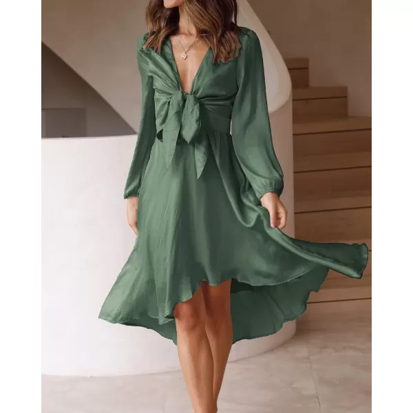 imageBTFBM Womens Satin Deep V Neck Summer Dresses Short Sleeve Tie Front High Waist Flowy Ruffle ALine Midi Cocktail DressLong Solid Army Green