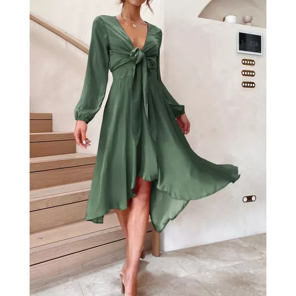 imageBTFBM Womens Satin Deep V Neck Summer Dresses Short Sleeve Tie Front High Waist Flowy Ruffle ALine Midi Cocktail DressLong Solid Army Green