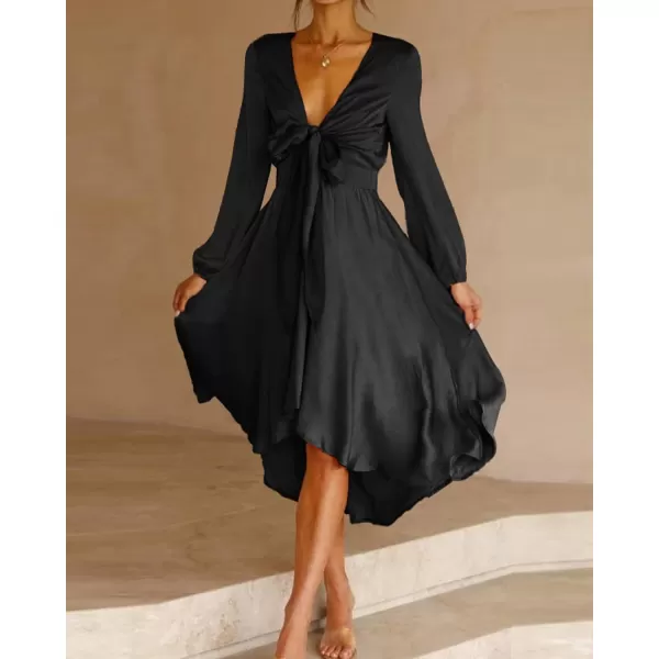 imageBTFBM Womens Satin Deep V Neck Summer Dresses Short Sleeve Tie Front High Waist Flowy Ruffle ALine Midi Cocktail DressLong Solid Black