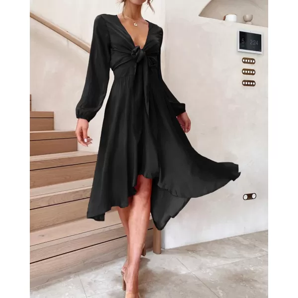 imageBTFBM Womens Satin Deep V Neck Summer Dresses Short Sleeve Tie Front High Waist Flowy Ruffle ALine Midi Cocktail DressLong Solid Black