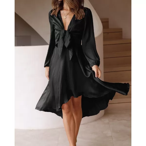 imageBTFBM Womens Satin Deep V Neck Summer Dresses Short Sleeve Tie Front High Waist Flowy Ruffle ALine Midi Cocktail DressLong Solid Black