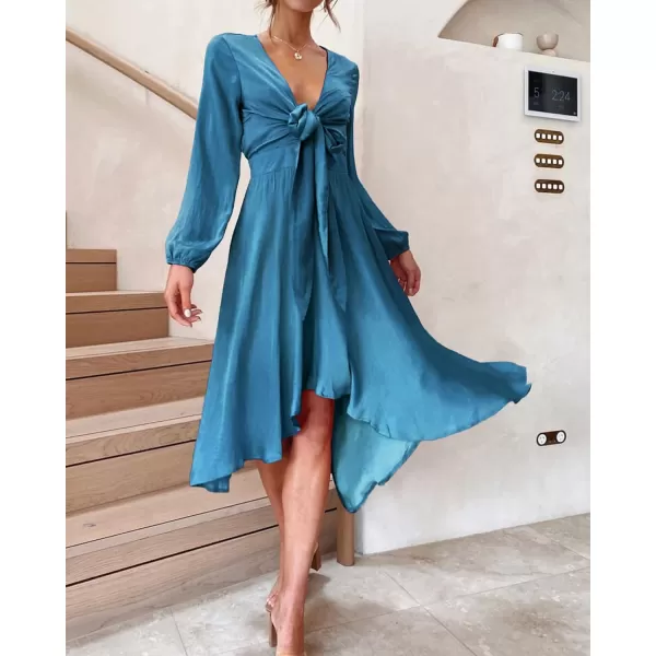 imageBTFBM Womens Satin Deep V Neck Summer Dresses Short Sleeve Tie Front High Waist Flowy Ruffle ALine Midi Cocktail DressLong Solid Blue