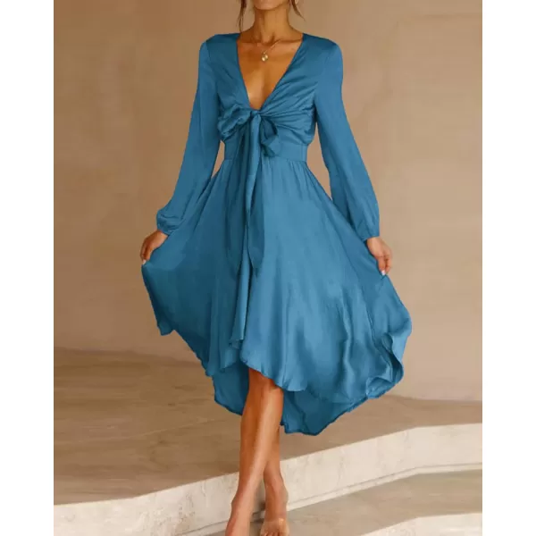 imageBTFBM Womens Satin Deep V Neck Summer Dresses Short Sleeve Tie Front High Waist Flowy Ruffle ALine Midi Cocktail DressLong Solid Blue