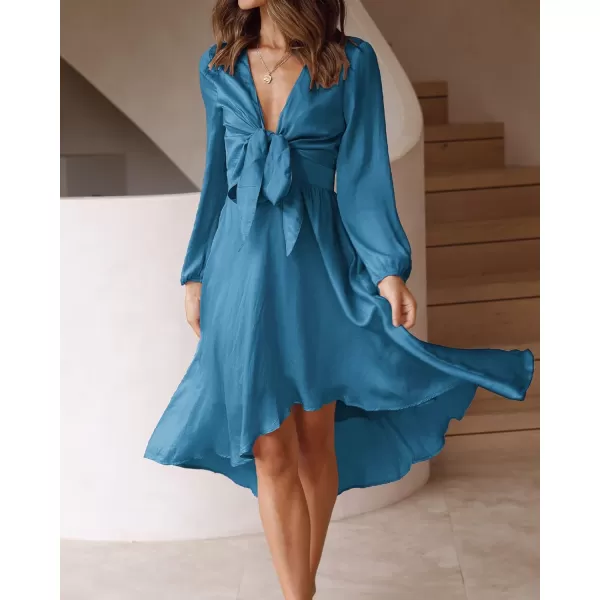 imageBTFBM Womens Satin Deep V Neck Summer Dresses Short Sleeve Tie Front High Waist Flowy Ruffle ALine Midi Cocktail DressLong Solid Blue