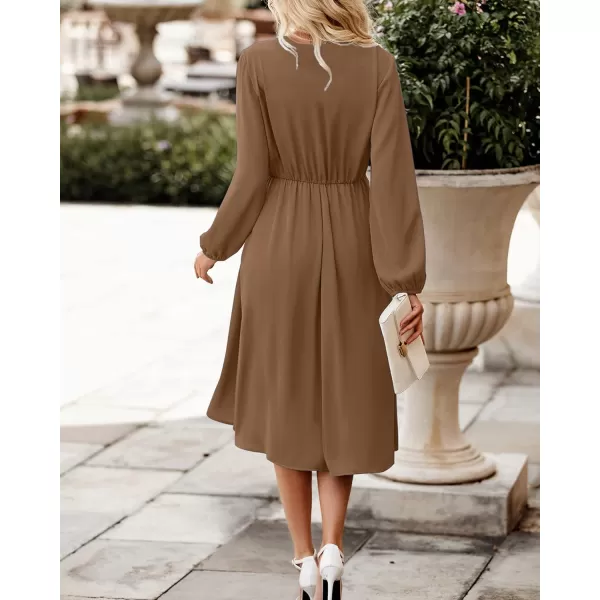 imageBTFBM Womens Satin Deep V Neck Summer Dresses Short Sleeve Tie Front High Waist Flowy Ruffle ALine Midi Cocktail DressLong Solid Brown