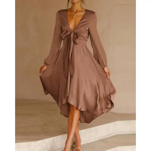 imageBTFBM Womens Satin Deep V Neck Summer Dresses Short Sleeve Tie Front High Waist Flowy Ruffle ALine Midi Cocktail DressLong Solid Brown