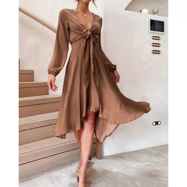 imageBTFBM Womens Satin Deep V Neck Summer Dresses Short Sleeve Tie Front High Waist Flowy Ruffle ALine Midi Cocktail DressLong Solid Brown