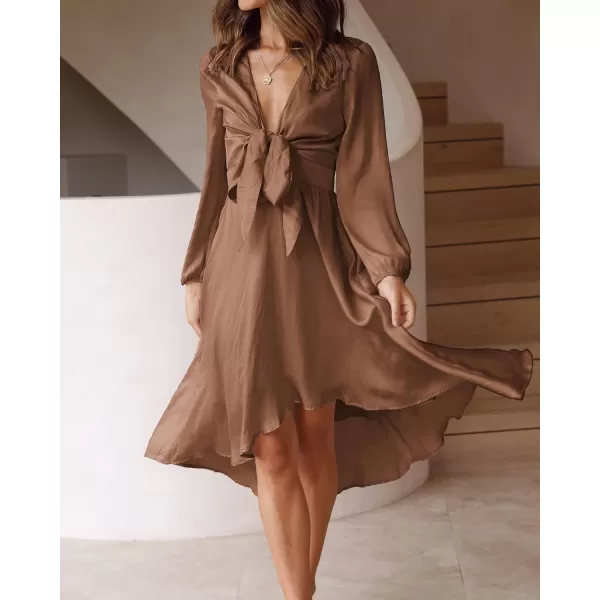 imageBTFBM Womens Satin Deep V Neck Summer Dresses Short Sleeve Tie Front High Waist Flowy Ruffle ALine Midi Cocktail DressLong Solid Brown