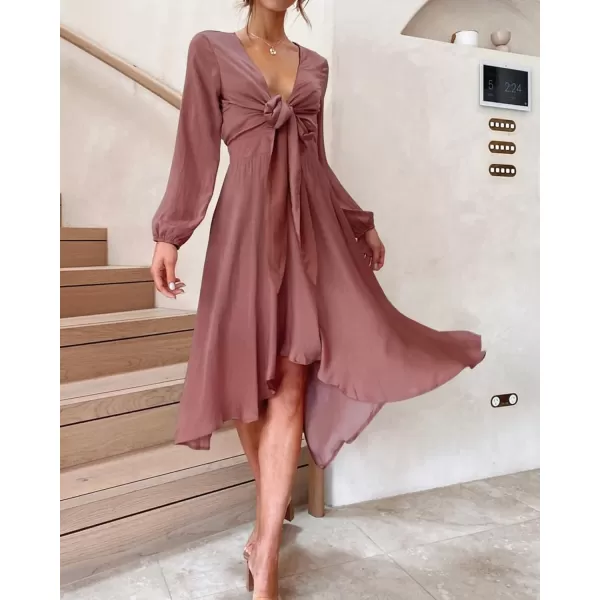 imageBTFBM Womens Satin Deep V Neck Summer Dresses Short Sleeve Tie Front High Waist Flowy Ruffle ALine Midi Cocktail DressLong Solid Brown Red
