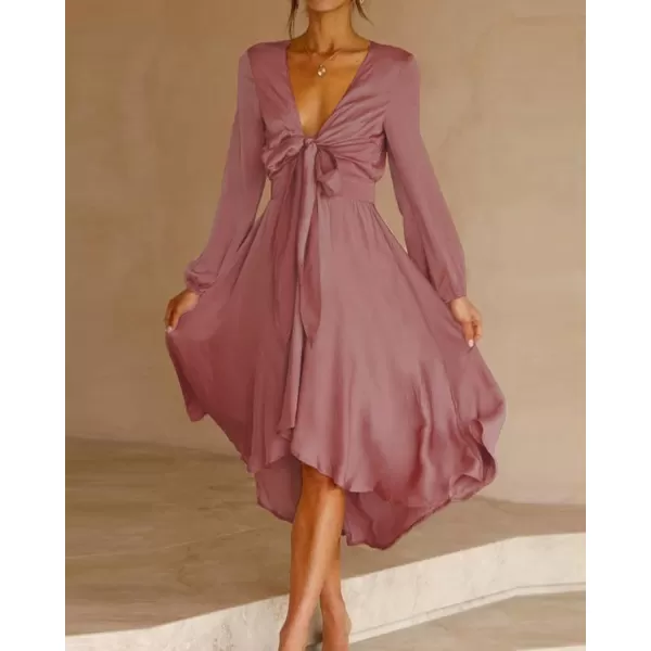 imageBTFBM Womens Satin Deep V Neck Summer Dresses Short Sleeve Tie Front High Waist Flowy Ruffle ALine Midi Cocktail DressLong Solid Brown Red