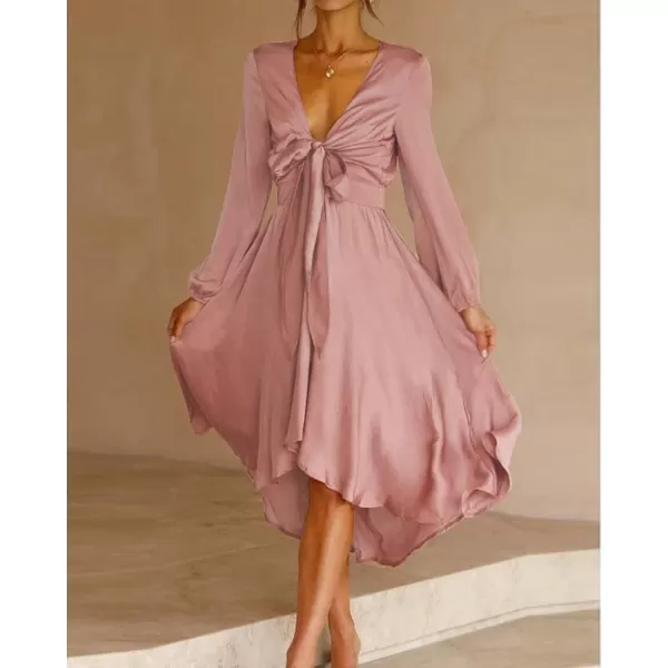 imageBTFBM Womens Satin Deep V Neck Summer Dresses Short Sleeve Tie Front High Waist Flowy Ruffle ALine Midi Cocktail DressLong Solid Dusty Pink
