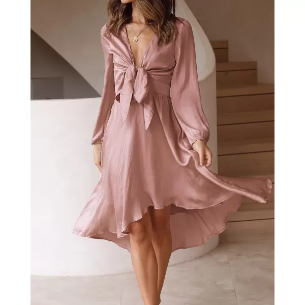 imageBTFBM Womens Satin Deep V Neck Summer Dresses Short Sleeve Tie Front High Waist Flowy Ruffle ALine Midi Cocktail DressLong Solid Dusty Pink